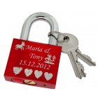 Gravurbeispiel Love lock red made of aluminum 50mm with your individual engraving