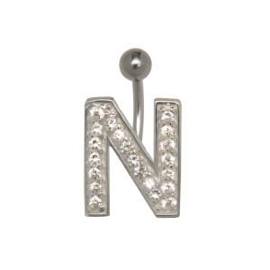 Belly button body jewelry piercing in ABC design with zirconia - letter N,1.6x6mm / 1.6x8mm / 1.6x10mm / 1.6x12mm / 1.6x14mm