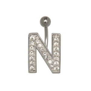 Bauchnabel Körperschmuck Piercing im ABC-Design mit Zirkonien - Buchstabe N,1.6x6mm / 1.6x8mm / 1.6x10mm / 1.6x12mm / 1.6x14mm