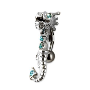 Bauchnabel Piercing Motiv Drache mit beweglichem Schwanz, Kristalle sind hellblau