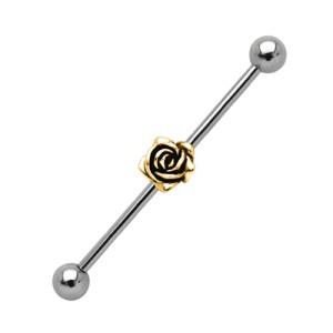 OhrIndustrial Barbell piercing aus Stahl mit vergoldetem Rosen Motiv