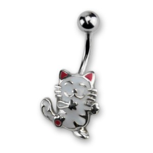 Bauchnabelpiercing 1.6x10mm mit weißer Katze aus 925 Silber