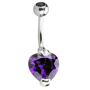 Bauchnabel Piercing 1.6x10mm ChirurgenstahlStab mit 10mm Durchmesser Cubic Zirkonia in Stahl eingefasst, herzförmig, amethyst