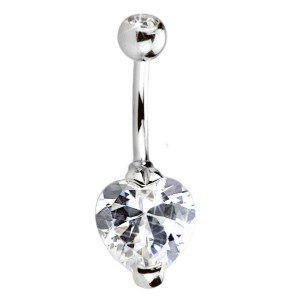 Bauchnabel Piercing 1.6x10mm ChirurgenstahlStab mit 10mm Durchmesser Cubic Zirkonia in Stahl eingefasst, herzförmig, kristallkl