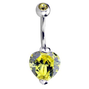 Bauchnabel Piercing 1.6x10mm ChirurgenstahlStab mit 10mm Durchmesser Cubic Zirkonia in Stahl eingefasst, herzförmig, peridotgrü