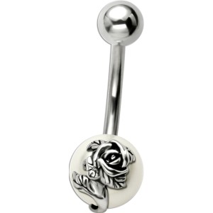 316L Bauchnabel Piercing, Perle mit Blumenmotiv Edelweiß 03