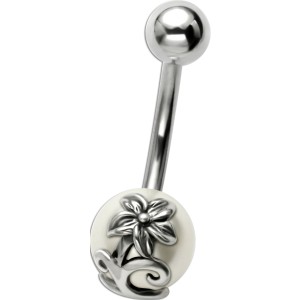 316L Bauchnabel Piercing, Perle mit Blumenmotiv Edelweiß 02