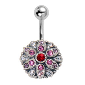 Bauchnabel Piercing mit ChirurgenstahlStab, 925 Sterling Silber Motiv und vielen Kristallsteinen, pink assorted