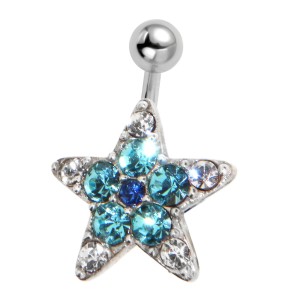 Bauchnabel Piercing mit ChirurgenstahlStab mit 925 Sterling Silber Stern Motiv, blau assorted