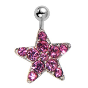 Bauchnabel Piercing mit ChirurgenstahlStab, 925 Sterling Silber Motiv und vielen Kristallsteinen - STARS ALLOVER