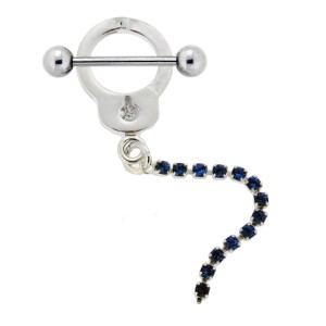 Brustwarzen Piercing Schild aus 925 Sterling Silber im Handschellendesign mit Kesselkette sapphire