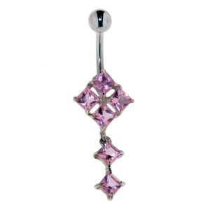 316L Chirurgenstahl Bauchnabel Piercing 1.6x10mm mit 925 Sterling Silber Motiv, Rautenkristalle rosa