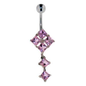 Bauchnabel Piercing  1.6x10mm mit 925 Sterling Silber Motiv, Rautenkristalle rosa