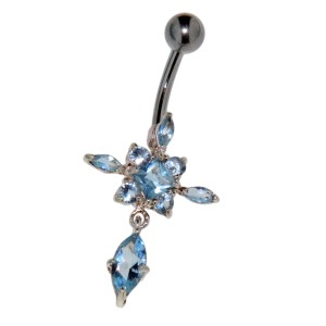 Bauchnabel Piercing mit gefassten Zirkonien, geometrische Blüte, aquamarin