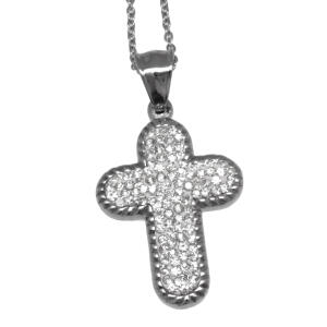 Kreuzanhänger aus Edelstahl mit klaren Kristallen auf der Vorderseite