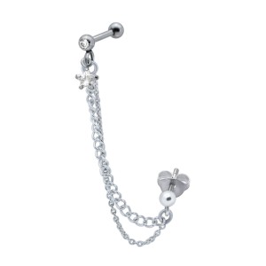 316L Helix Ohrpiercing  1.2x6mm mit Silber kettchen und gefasstem Kristallstein in Sternform, crystal