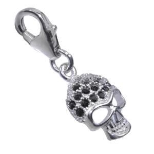 Anhänger Totenkopf zum Einhängen in ein Bettelarmband, tödlich schick, schwarze Kristalle im Schädel