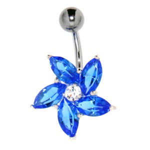 Bauchnabelpiercing Blüte mit Navetten-Blättern, dunkelblau