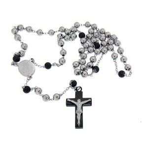 Halskette Rosenkranz schwarzes Kreuz aus Edelstahl