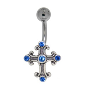 Bauchnabel Piercing mit 925 Silber Kreuz Motiv 443 ,sapphire, 1.6x12mm