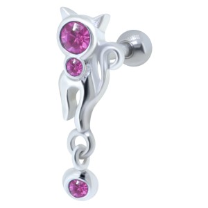 316L Helix Ohrpiercing 1.2x6, Motiv stilisierte Katze  aus 925 Sterling Silber