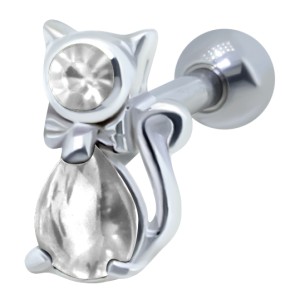316L Helix Ohrpiercing 1.2x6, Motiv Katze aus 925 Sterling Silber, crystal