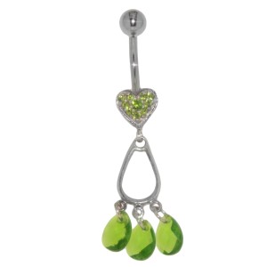 Bauchnabel Piercing mit Motiv aus 925 Sterling Silber und 3 Briolette Anhänger-Kristallen, peridot