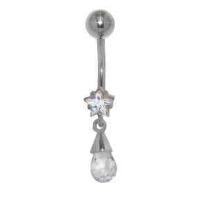 Bauchnabel Piercing mit sternförmigem Kristall und eingefasstem Briolette Anhänger, kristallklar