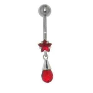 Bauchnabel Piercing mit sternförmigem Kristall und eingefasstem Briolette Anhänger, rot