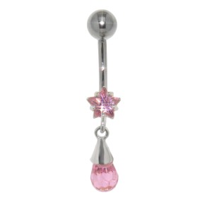 Bauchnabel Piercing mit sternförmigem Kristall und eingefasstem Briolette Anhänger, rose