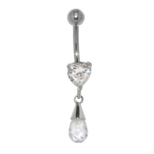 Bauchnabel Piercing mit herzförmigem Kristall und eingefasstem Briolette Anhänger, kristallklar