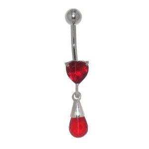 Bauchnabel Piercing mit herzförmigem Kristall und eingefasstem Briolette Anhänger, rot