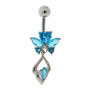 Bauchnabel Piercing mit gefassten Zirkonien, zarter Schmetterling mit Anhang, aquamarin