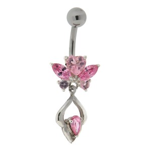 Bauchnabel Piercing mit gefassten Zirkonien, zarter Schmetterling mit Anhang, rose