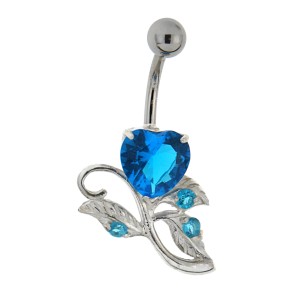 Bauchnabel Piercing mit gefassten Zirkonien, Rose mit Dornen, aqua