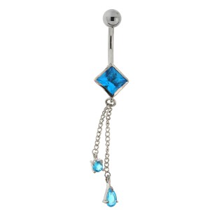 Bauchnabel Piercing mit gefassten Zirkonien und 2 Kettchen, aqua