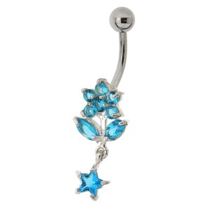 Bauchnabel Piercing mit gefassten Zirkonien, Blümchen und Sternchen, aqua