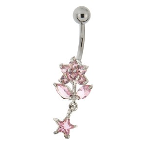 Bauchnabel Piercing mit gefassten Zirkonien, Blümchen und Sternchen, rosa