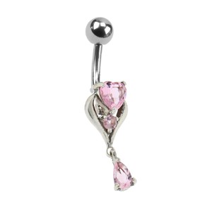 Bauchnabel Piercing mit gefassten Zirkonien, zartes Herz mit Anhänger, Kristalle in rosa