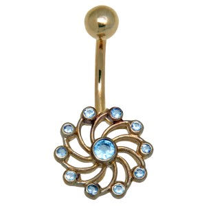 Bauchnabel Piercing aus 9 Karat Gold, wirbelnde Sonne mit hellblauen Kristallen