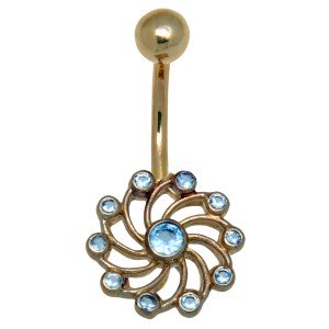 Bauchnabel Piercing aus 9 Karat Gold, wirbelnde Sonne mit hellblauen Kristallen