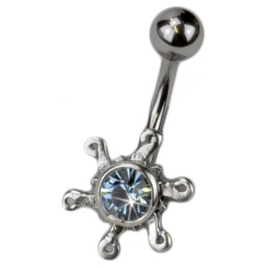 Bauchnabel Piercing mit Silber Design - die Sonne strahlt in aquamarin