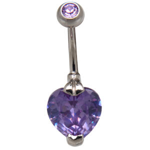 Bauchnabel Piercing 1.6x10mm ChirurgenstahlStab mit 10mm Durchmesser Cubic Zirkonia in Stahl eingefasst, herzförmig, lavendelfa