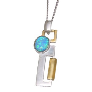 Feines Collier OPP06 aus 925 Sterling Silber teilweise vergoldet mit synthetischem Opal - hellblau