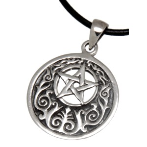 Runder Anhänger aus 925 Sterling Silber, Pentagramm, Symbole