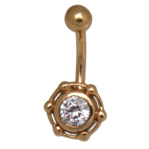 18 Karat Gold Bauchnabel Piercing, weißer Kristall umgeben von kleinen Goldkugeln
