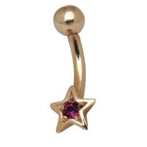 9 Karat Gold Bauchnabel Piercing, witziger Mini-Stern mit lila Kristall