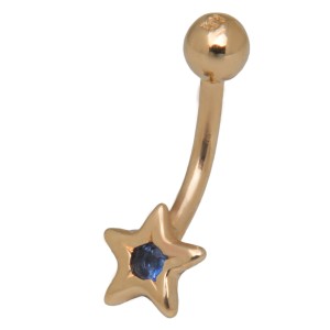 11 Karat Gold Bauchnabel Piercing, witziger Mini-Stern mit dunkelblauem Kristall