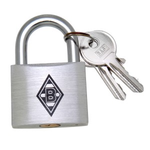 Fanschloss silber aus Aluminium mit Borussia Logo auf der Vorderseite, Rückseite mit individueller Gravur