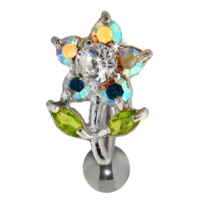 Bauchnabel Piercing Stecker mit 925 Sterling Silber, putziges Blümchen mit regenbogenfarbenen Blüten